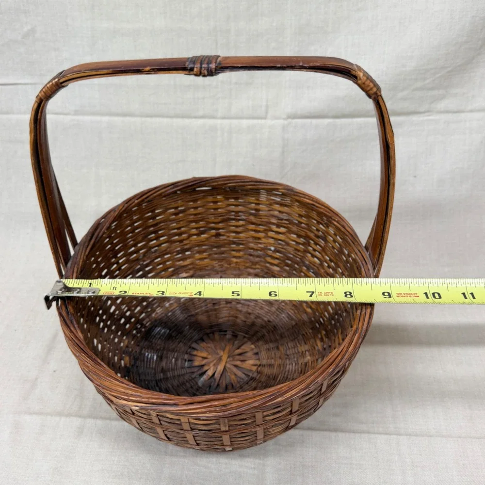 Vintage Woven Bamboo Gathering Basket with Handle Brown Rustic Farmhouse Decor